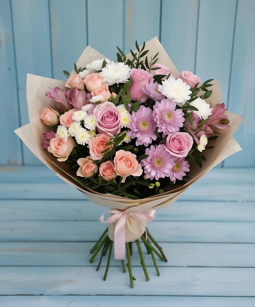 Букет цветов из: Хризантемы, Розы и Альстромерии в Стригуны