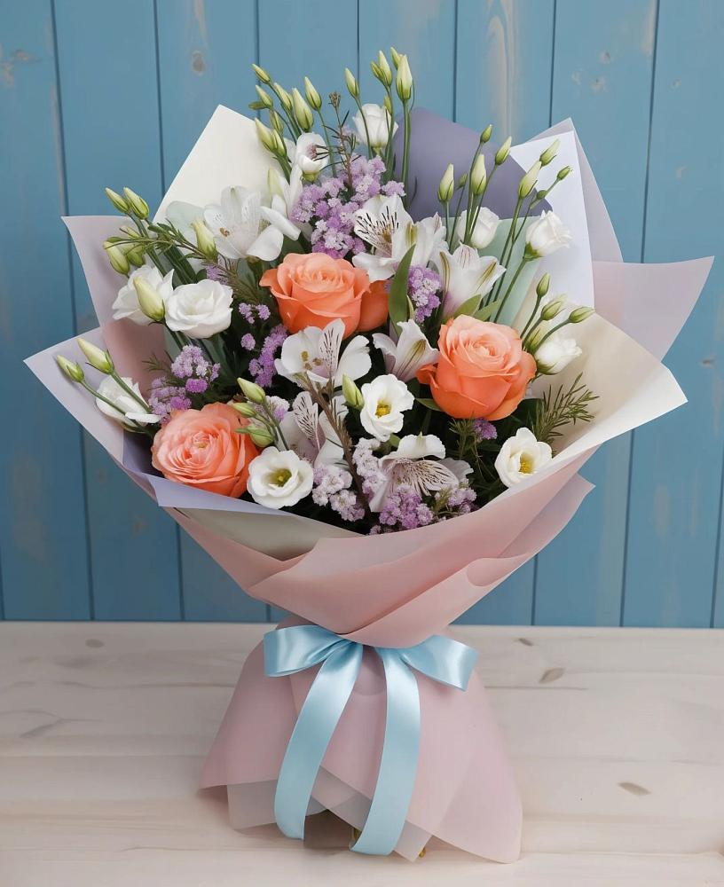 Букет цветов из: Лизиантусы, Розы, Альстромерии и Гипсофила в Стригуны