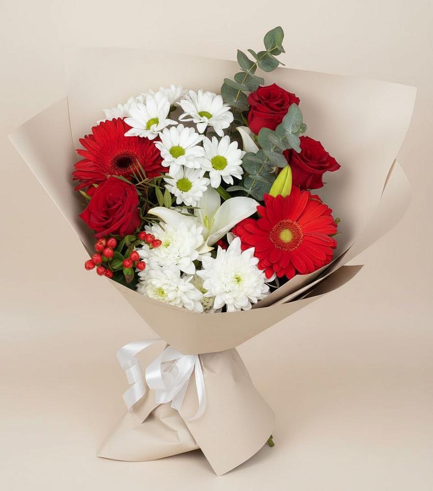 Букет цветов из: Розы, Хризантемы, Герберы и Лилии в Стригуны