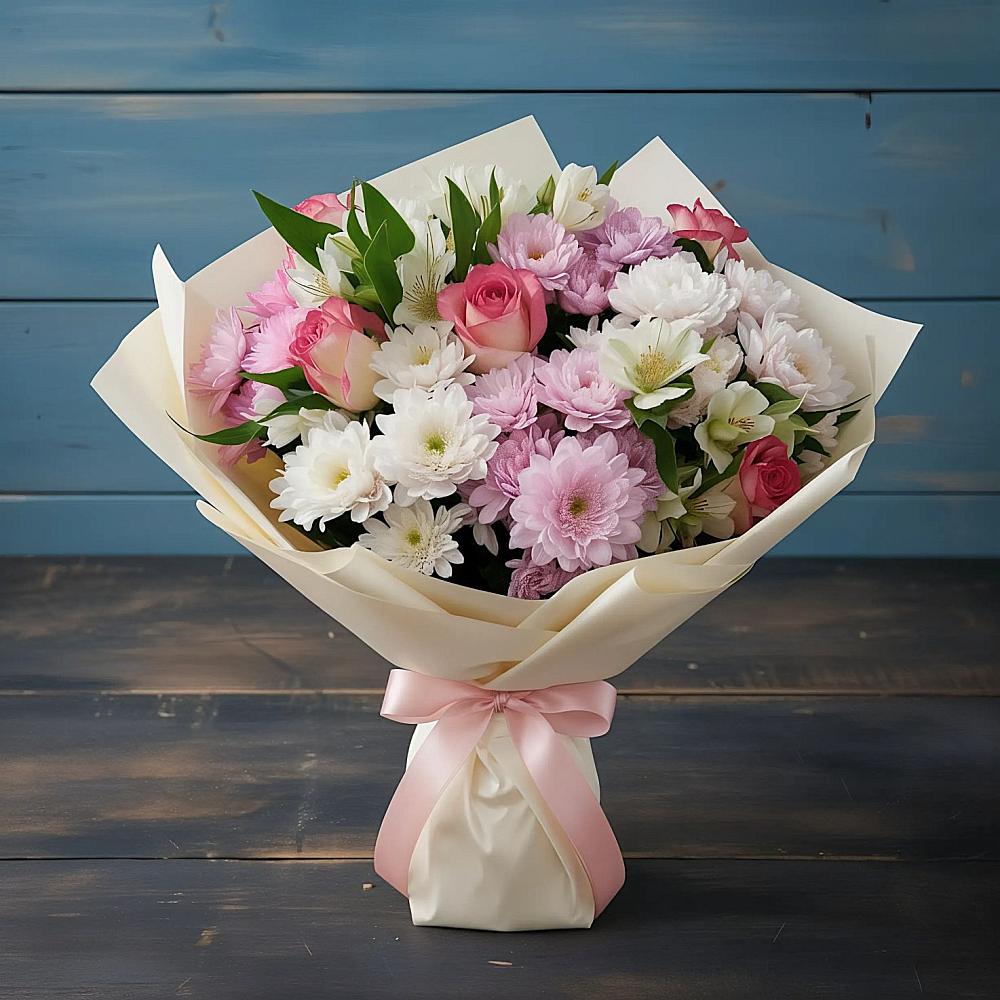 Букет цветов из: Хризантемы, Альстромерии и Розы в Стригуны